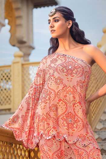 Sajeda A Lehry_Pink Crepe Embroidery, Mirrors One Shoulder Floral Print Top Sharara Set _at_Aza_Fashions