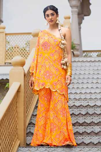 Sajeda A Lehry_Yellow Crepe Embroidery, Mirrors One Shoulder Haya Top And Sharara Set _Online_at_Aza_Fashions