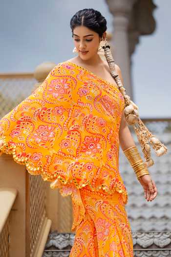 Shop_Sajeda A Lehry_Yellow Crepe Embroidery, Mirrors One Shoulder Haya Top And Sharara Set _Online_at_Aza_Fashions
