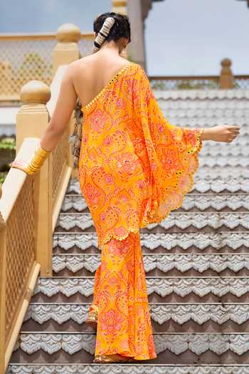 Shop_Sajeda A Lehry_Yellow Crepe Embroidery, Mirrors One Shoulder Haya Top And Sharara Set _at_Aza_Fashions