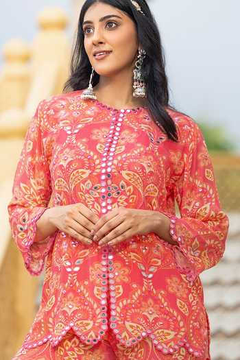 Shop_Sajeda A Lehry_Pink Crepe Mirrors Round Neck Ayat Printed Kurta Sharara Set _at_Aza_Fashions