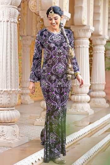 Shop_Sajeda A Lehry_Black Crepe Embroidery, Mirrors Round Neck Azra Printed Kurta Sharara Set _at_Aza_Fashions