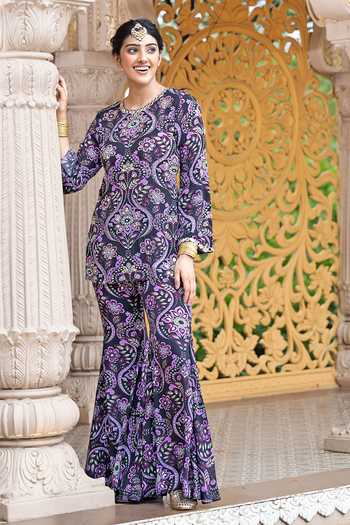 Buy_Sajeda A Lehry_Black Crepe Embroidery, Mirrors Round Neck Azra Printed Kurta Sharara Set _at_Aza_Fashions