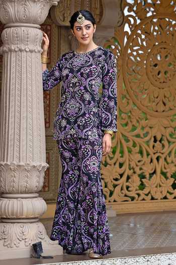 Sajeda A Lehry_Black Crepe Embroidery, Mirrors Round Neck Azra Printed Kurta Sharara Set _Online_at_Aza_Fashions