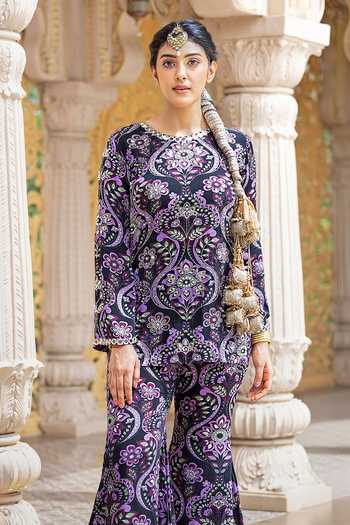 Buy_Sajeda A Lehry_Black Crepe Embroidery, Mirrors Round Neck Azra Printed Kurta Sharara Set _Online_at_Aza_Fashions