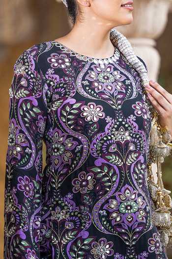 Shop_Sajeda A Lehry_Black Crepe Embroidery, Mirrors Round Neck Azra Printed Kurta Sharara Set _Online_at_Aza_Fashions