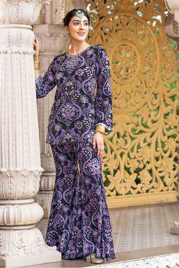 Sajeda A Lehry_Black Crepe Embroidery, Mirrors Round Neck Azra Printed Kurta Sharara Set _at_Aza_Fashions