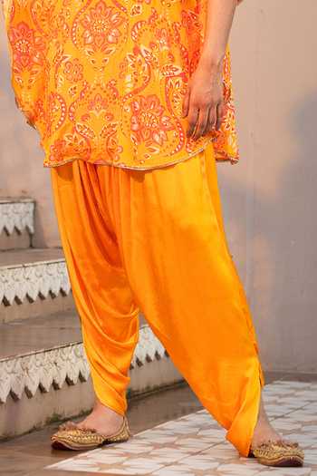 Sajeda A Lehry_Yellow Crepe, Satin, Modal Embroidery, Floral Print Kaftan And Dhoti Pant Set _Online_at_Aza_Fashions