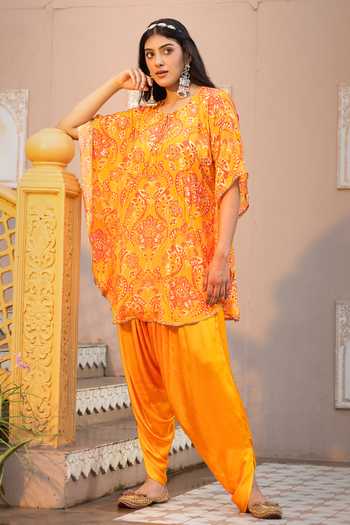 Shop_Sajeda A Lehry_Yellow Crepe, Satin, Modal Embroidery, Floral Print Kaftan And Dhoti Pant Set _at_Aza_Fashions