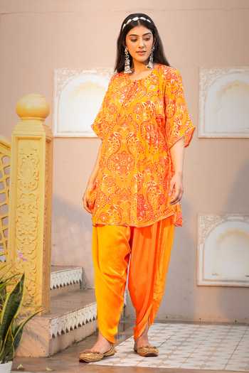 Buy_Sajeda A Lehry_Yellow Crepe, Satin, Modal Embroidery, Floral Print Kaftan And Dhoti Pant Set _Online_at_Aza_Fashions