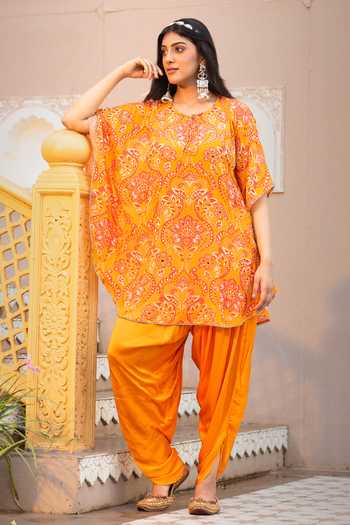 Buy_Sajeda A Lehry_Yellow Crepe, Satin, Modal Embroidery, Floral Print Kaftan And Dhoti Pant Set _at_Aza_Fashions
