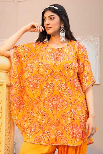 Shop_Sajeda A Lehry_Yellow Crepe, Satin, Modal Embroidery, Floral Print Kaftan And Dhoti Pant Set _Online_at_Aza_Fashions