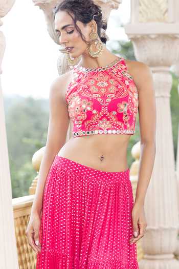 Buy_Sajeda A Lehry_Pink Georgette, Crepe Embroidery, Mirrors Floral Pattern Top With Tiered Skirt _Online_at_Aza_Fashions