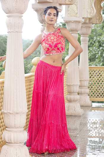 Buy_Sajeda A Lehry_Pink Georgette, Crepe Embroidery, Mirrors Floral Pattern Top With Tiered Skirt _at_Aza_Fashions