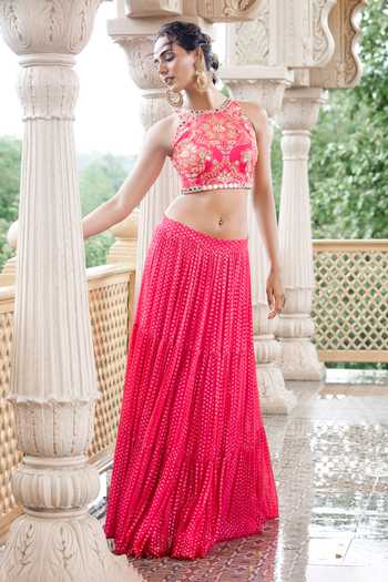 Shop_Sajeda A Lehry_Pink Georgette, Crepe Embroidery, Mirrors Floral Pattern Top With Tiered Skirt _at_Aza_Fashions
