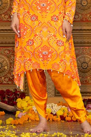 Sajeda A Lehry_Yellow Georgette, Satin, Modal Pearls, Nura Printed Tunic Dhoti Pant Set _Online_at_Aza_Fashions