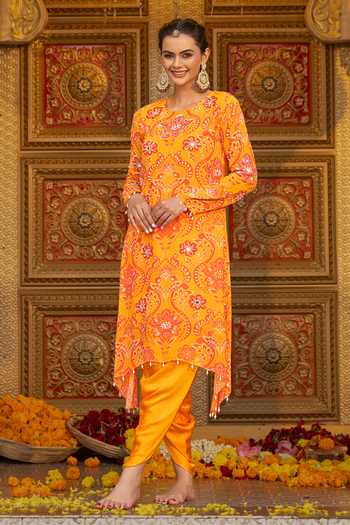 Buy_Sajeda A Lehry_Yellow Georgette, Satin, Modal Pearls, Nura Printed Tunic Dhoti Pant Set _Online_at_Aza_Fashions