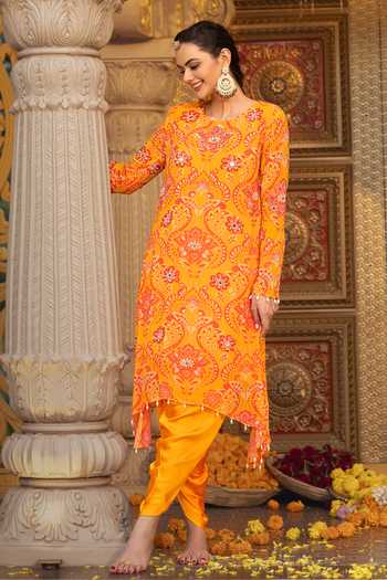 Shop_Sajeda A Lehry_Yellow Georgette, Satin, Modal Pearls, Nura Printed Tunic Dhoti Pant Set _Online_at_Aza_Fashions