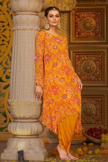Sajeda A Lehry_Yellow Georgette, Satin, Modal Pearls, Nura Printed Tunic Dhoti Pant Set _at_Aza_Fashions