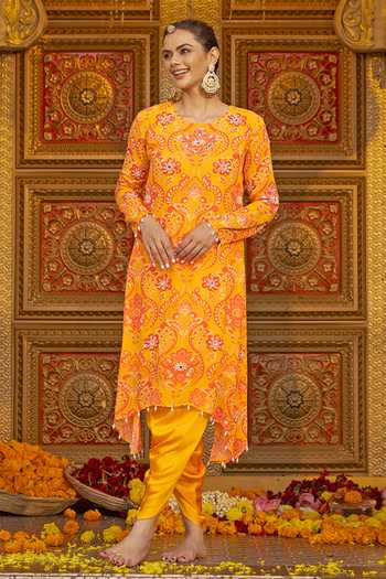 Buy_Sajeda A Lehry_Yellow Georgette, Satin, Modal Pearls, Nura Printed Tunic Dhoti Pant Set _at_Aza_Fashions