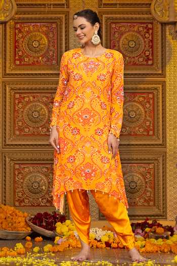 Shop_Sajeda A Lehry_Yellow Georgette, Satin, Modal Pearls, Nura Printed Tunic Dhoti Pant Set _at_Aza_Fashions