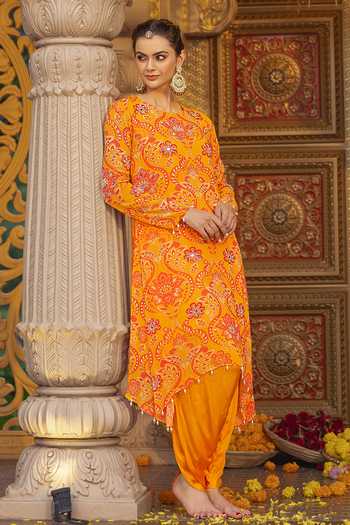 Buy_Sajeda A Lehry_Yellow Georgette, Satin, Modal Pearls, Nura Printed Tunic Dhoti Pant Set 