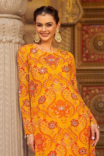 Shop_Sajeda A Lehry_Yellow Georgette, Satin, Modal Pearls, Nura Printed Tunic Dhoti Pant Set 
