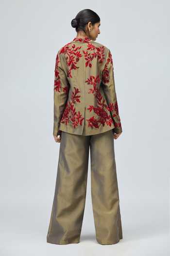 Shop_Varun Bahl_Green Satin, Viscose, Lurex Embroidery, Sequins, Stones Jacket Pant Set _at_Aza_Fashions