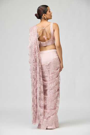 Shop_Varun Bahl_Pink Viscose, Tissue Embroidery, Crystals Scoop Pre-draped Saree With Blouse _at_Aza_Fashions