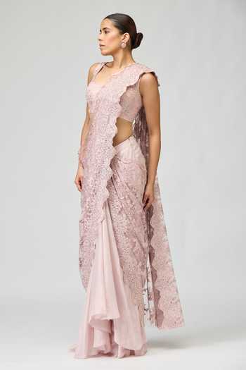 Varun Bahl_Pink Viscose, Tissue Embroidery, Crystals Scoop Pre-draped Saree With Blouse _Online_at_Aza_Fashions