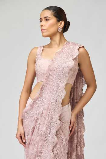 Buy_Varun Bahl_Pink Viscose, Tissue Embroidery, Crystals Scoop Pre-draped Saree With Blouse _Online_at_Aza_Fashions
