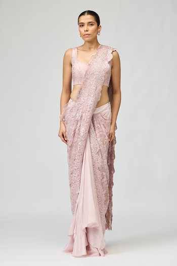 Buy_Varun Bahl_Pink Viscose, Tissue Embroidery, Crystals Scoop Pre-draped Saree With Blouse _at_Aza_Fashions