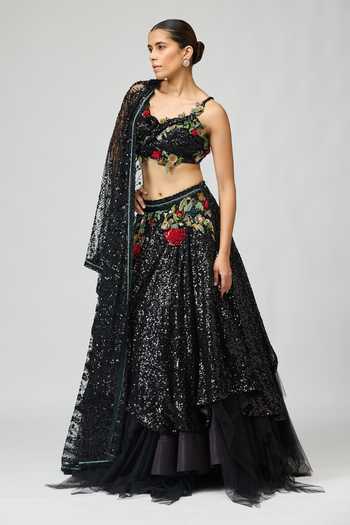 Varun Bahl_Green Embroidery, Sequins Sweetheart Neck Lehenga Set _Online_at_Aza_Fashions