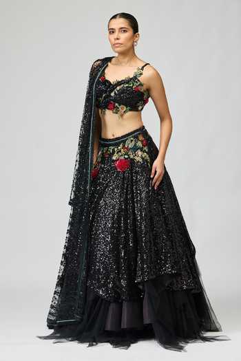 Buy_Varun Bahl_Green Embroidery, Sequins Sweetheart Neck Lehenga Set _Online_at_Aza_Fashions