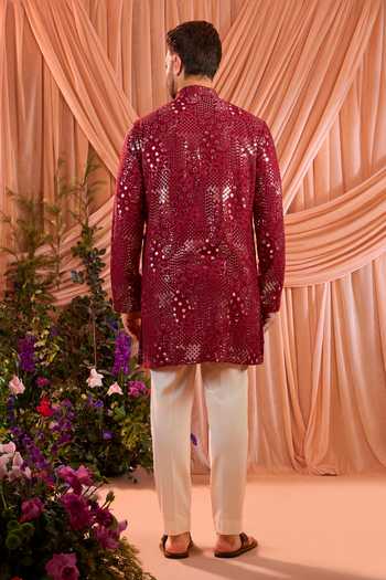 Shop_Kasbah_Maroon Silk Sequins, Mirrors Work Kurta _at_Aza_Fashions