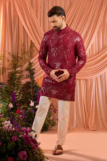 Kasbah_Maroon Silk Sequins, Mirrors Work Kurta _Online_at_Aza_Fashions