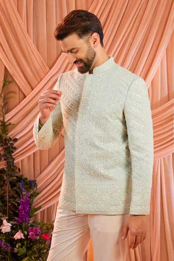 Buy_Kasbah_Blue Georgette Embroidery, Stones Hand Bandhgala _at_Aza_Fashions