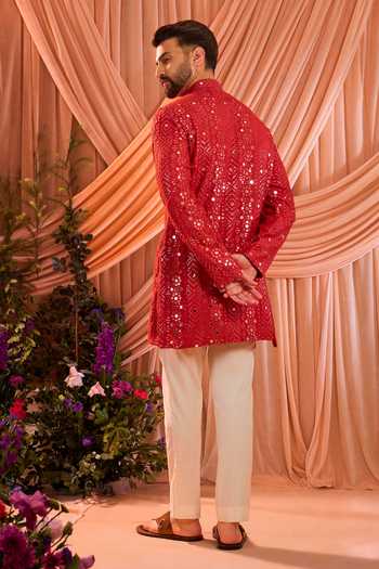 Shop_Kasbah_Red Silk Sequins, Mirrors Kurta _at_Aza_Fashions