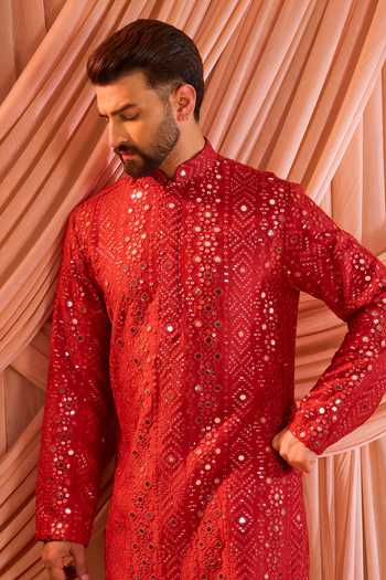 Kasbah_Red Silk Sequins, Mirrors Kurta _Online_at_Aza_Fashions