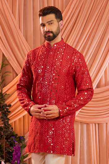 Buy_Kasbah_Red Silk Sequins, Mirrors Kurta _at_Aza_Fashions