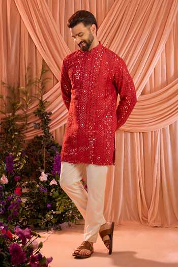 Buy_Kasbah_Red Silk Sequins, Mirrors Kurta _Online_at_Aza_Fashions