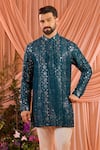 Buy_Kasbah_Blue Silk Sequins, Mirrors Butti Embroidered Kurta _at_Aza_Fashions