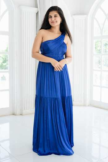 Buy_Essay By Sumedha Agrawal_Blue Bemberg, Satin, Chiffon One Shoulder Pleated Maxi Dress _at_Aza_Fashions