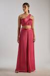 Buy_Essay By Sumedha Agrawal_Pink Bemberg, Satin, Chiffon One Shoulder Pleated Crop Top And Pant Set _at_Aza_Fashions