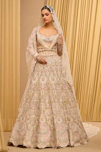 Buy_Tarun Tahiliani_Ivory Net Embroidery, Metallic Thread, Sequins Floral Lehenga Blouse And Dupatta _at_Aza_Fashions