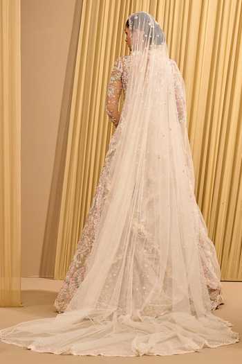 Shop_Tarun Tahiliani_Ivory Net Embroidery, Metallic Thread, Sequins Floral Lehenga Blouse And Dupatta _at_Aza_Fashions