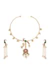 Shop_Prihan Luxury Jewelry_Multi Color Pearls, Stones, Gemstones, Chains Mayuri Peacock Carved Necklace Set _at_Aza_Fashions
