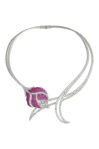 Prihan Luxury Jewelry_Silver Plated Stones, Crystals Petal Carved Necklace Set _Online_at_Aza_Fashions