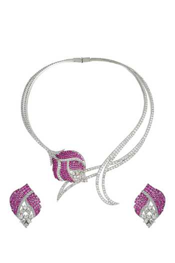 Shop_Prihan Luxury Jewelry_Silver Plated Stones, Crystals Petal Carved Necklace Set _at_Aza_Fashions