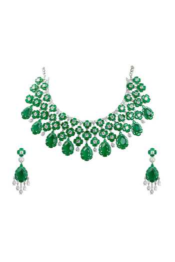 Shop_Prihan Luxury Jewelry_Green Stones, Crystals, Floral Cluster Necklace And Earrings Set _at_Aza_Fashions